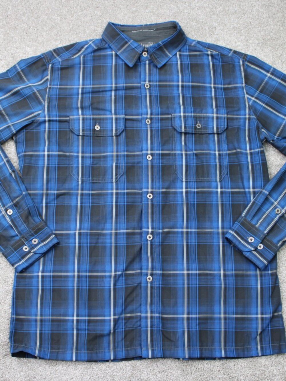Kuhl Shirt Mens Large Blue Plaid Eluxur 100% Polyester w/ IONIK Long Sleeve